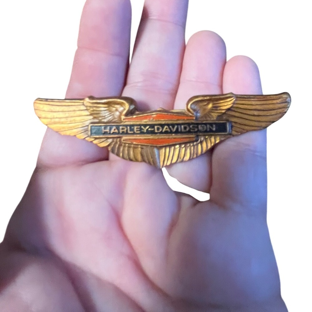 Vintage Harley-Davidson Winged Pin Gold Tone Enamel Biker Brooch 3 Inch